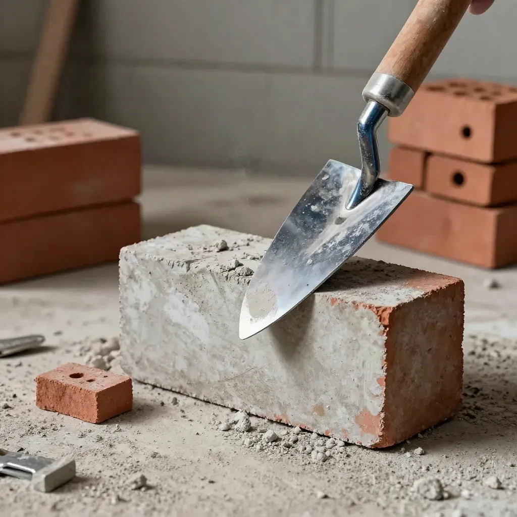 Masonry tools and a cut brick on dusty concrete with dramatic light