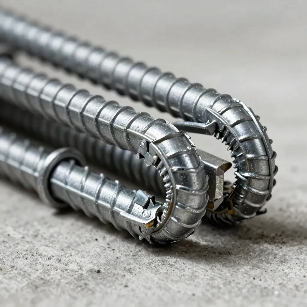 Ribbed rebar ties, spacer chairs, and a bolt clip on brushed metal, side-lit in macro