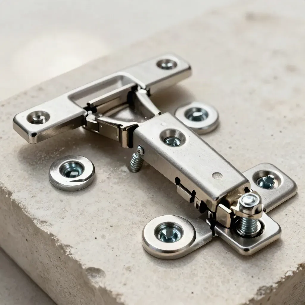 Macro still life of brushed steel door hinges, latch plate, and fasteners on pale stone.