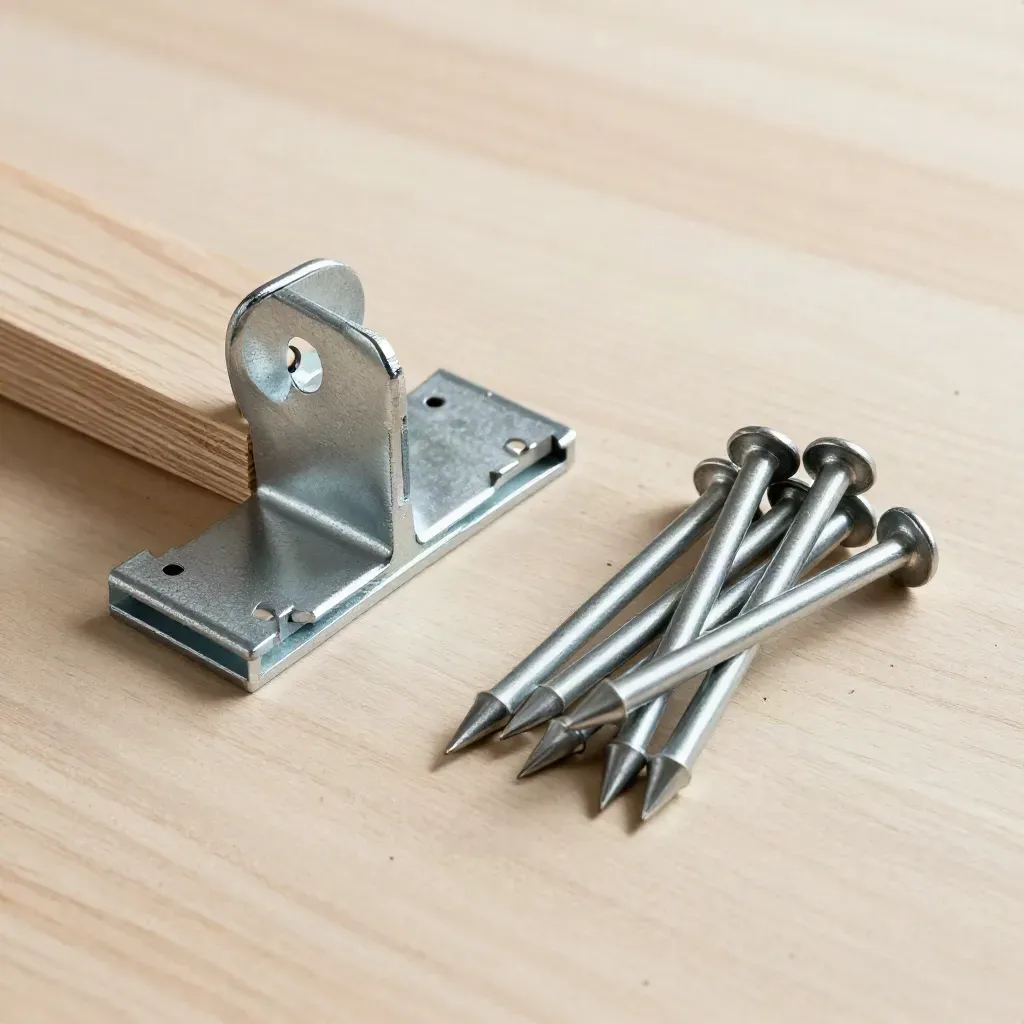Timber offcut, joist hanger, and framing nails on pale wood in soft daylight.