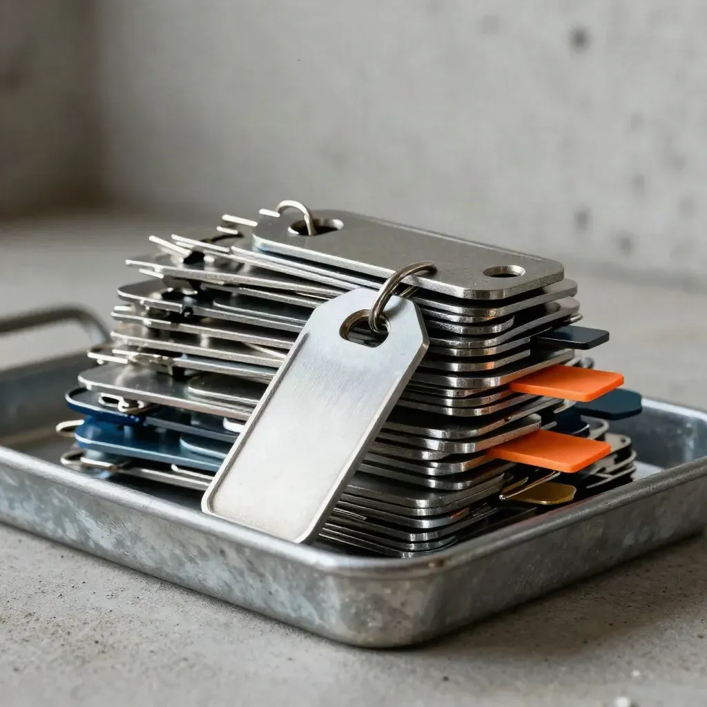 Macro of keyed tool tags, binder clips, and steel hooks on a concrete workbench.