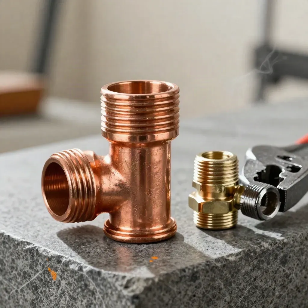 Copper pipe elbow, compression fitting, and pipe wrench jaw on brushed stone with soft steam.