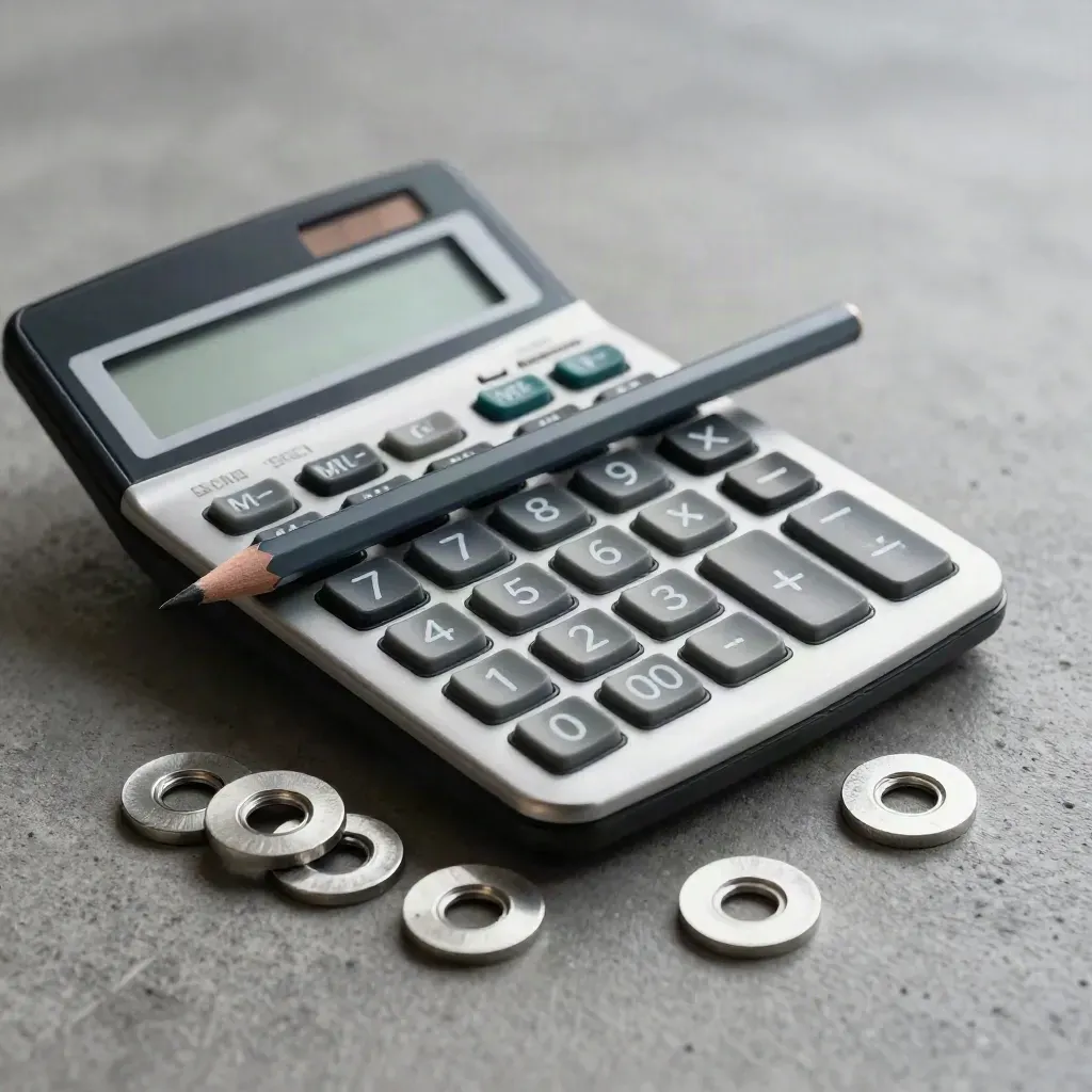 Top-down macro of a contractor calculator with graphite pencils and steel washers on concrete.