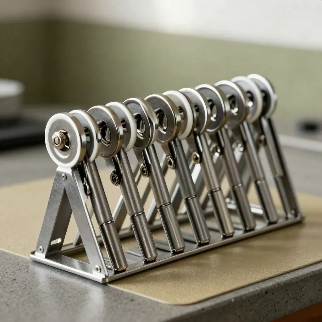 Magnetic clip markers, aluminum rings, and a folding board stand on a concrete workbench.