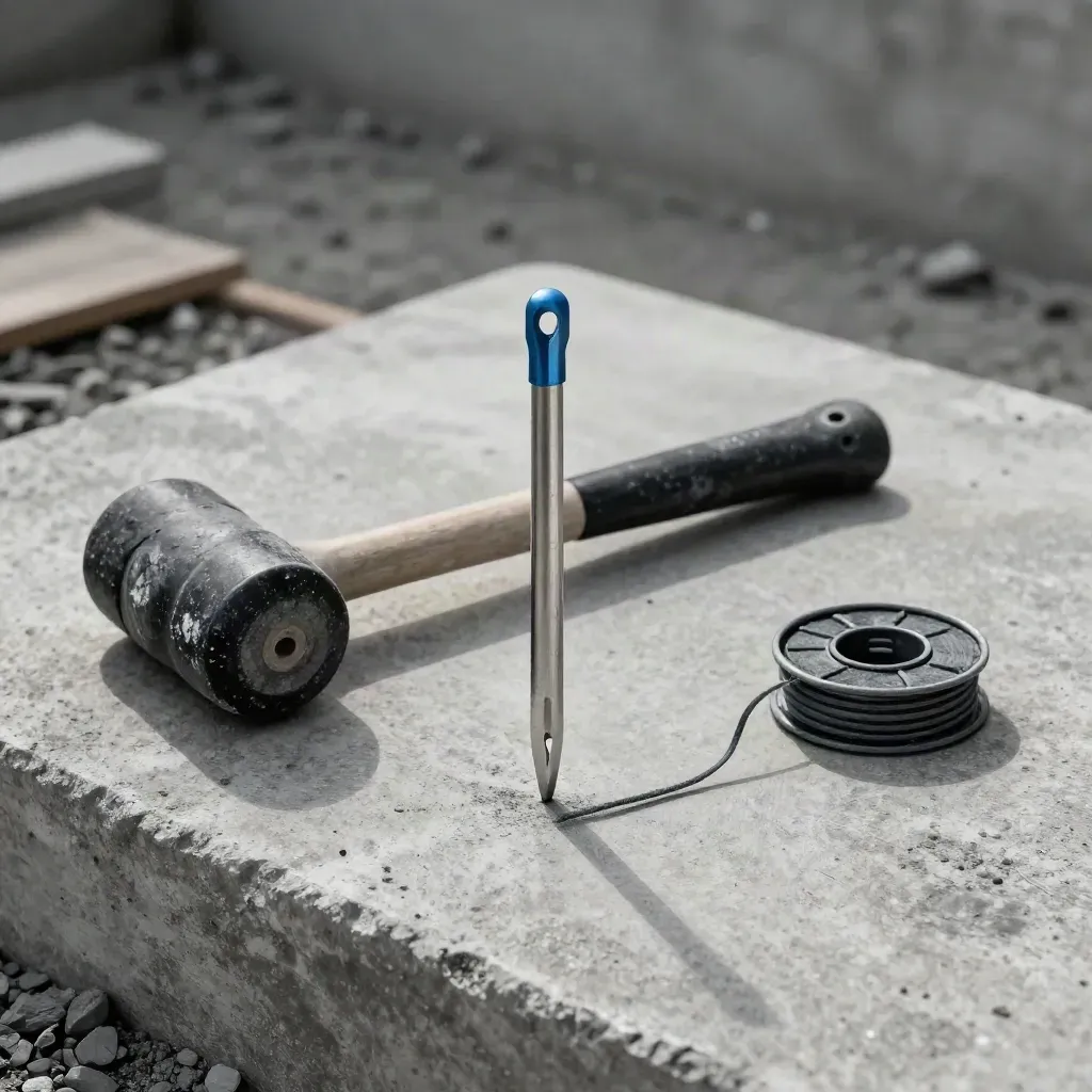 Survey pin, mallet, and chalk line reel on damp concrete in dramatic site light.