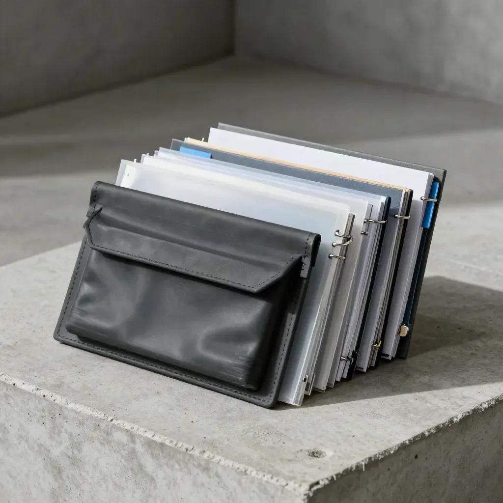 Progress-photo sleeves, field pouch, and ring binders on concrete in dramatic light.