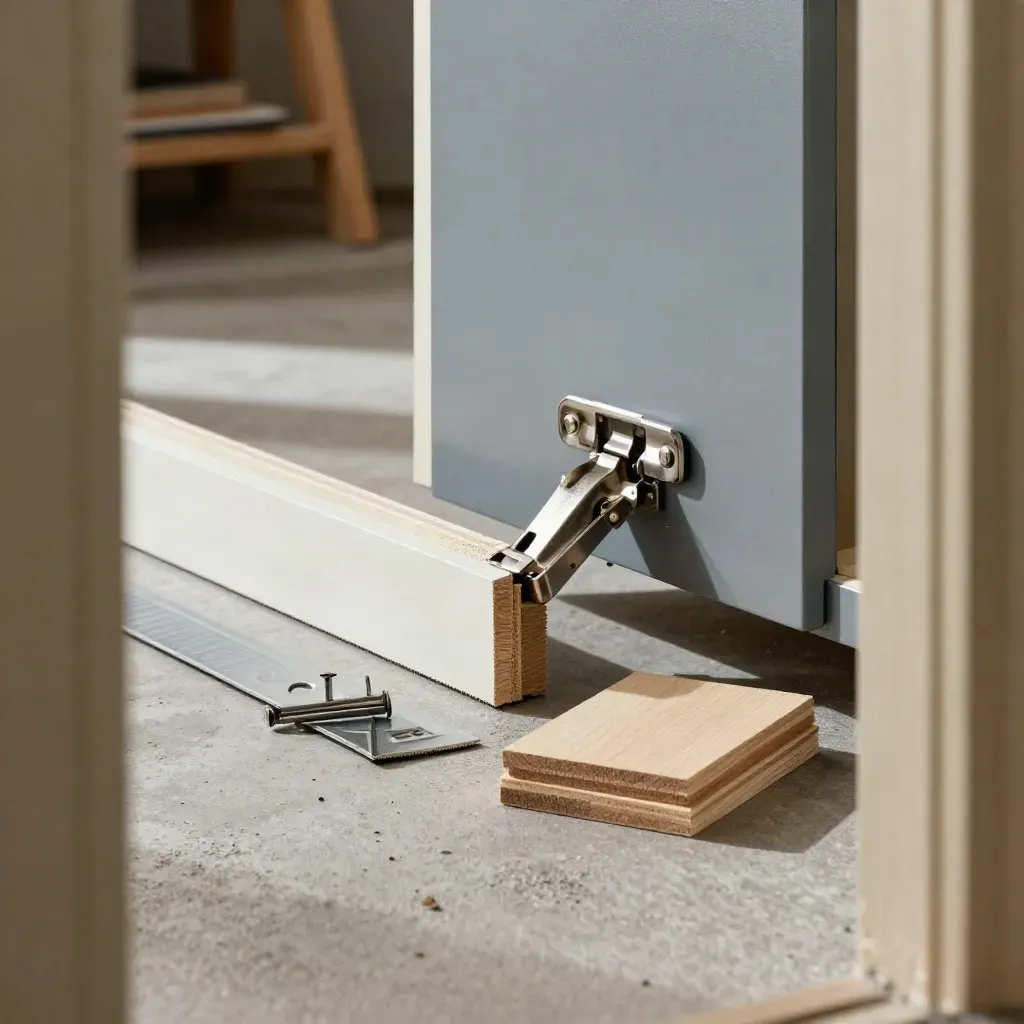 Cabinet hinge, trim offcut, finish nail strips and wood samples in a dim joinery shop