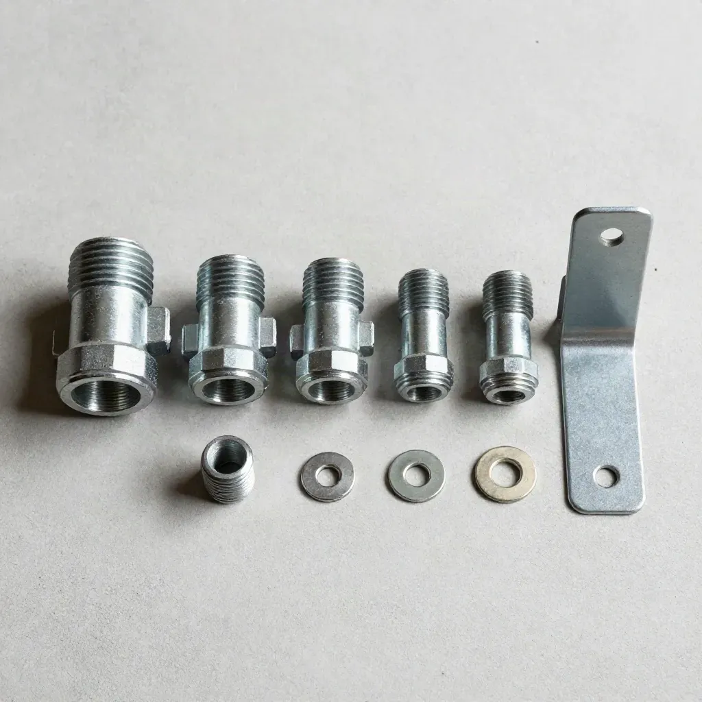Overhead still life of pipe couplings, threaded rod ends, and stock brackets on pale concrete