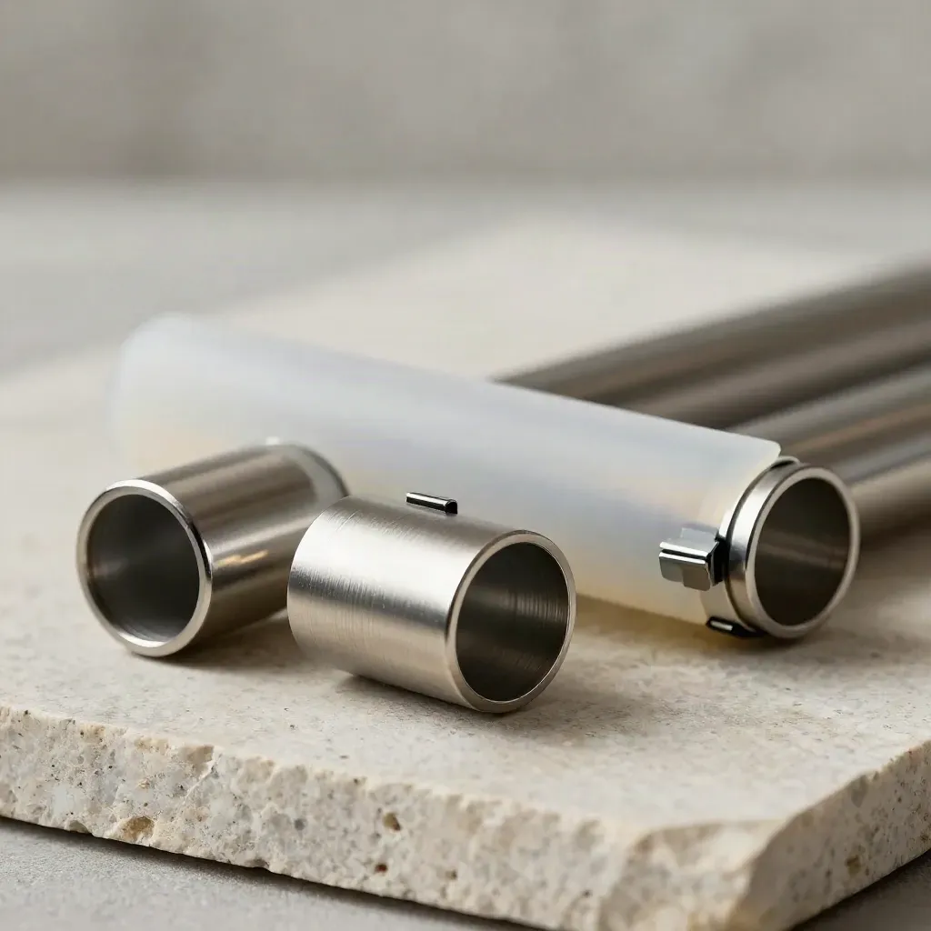 Macro of rolled plan tubes, aluminum caps, clips and frosted sleeve on concrete.