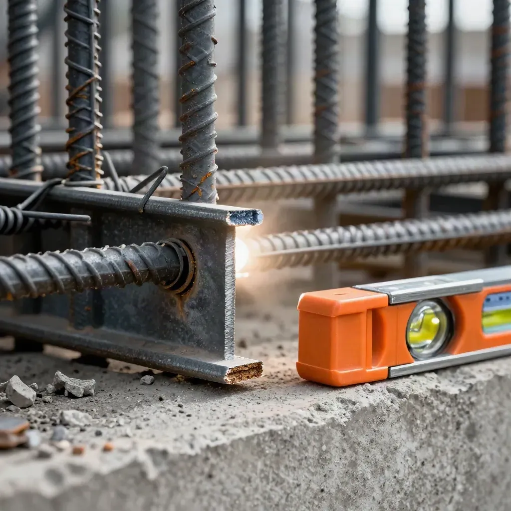 Macro of rebar, steel beam flange, and orange site level seen through a scaffold tube