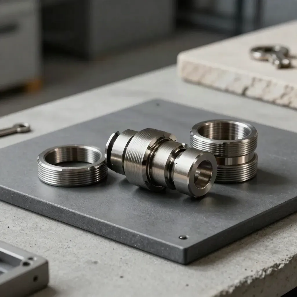 Machined connectors and metal rings on graphite concrete under dramatic studio light.