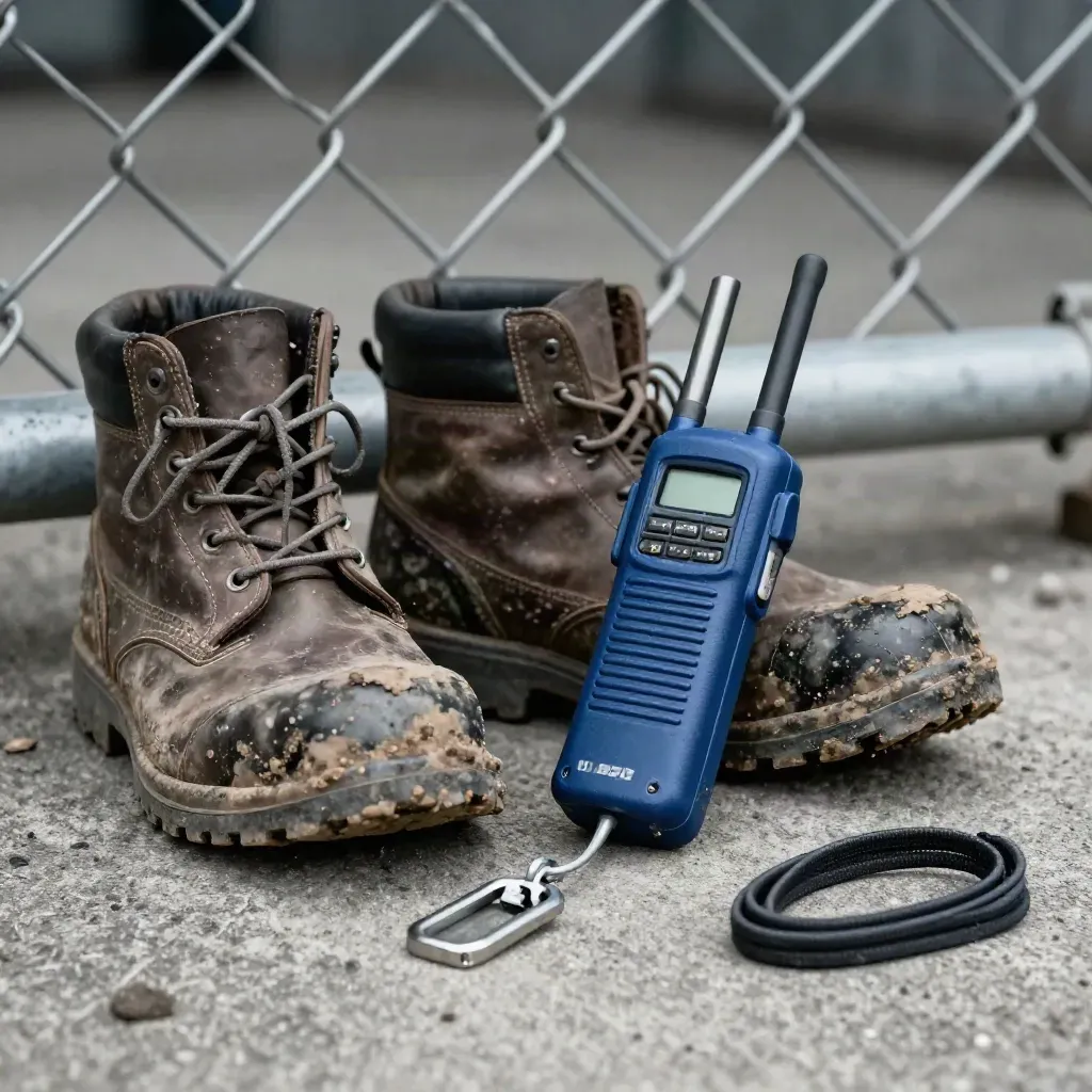 Muddy boots and site gear behind soft chain-link fence light, close-up