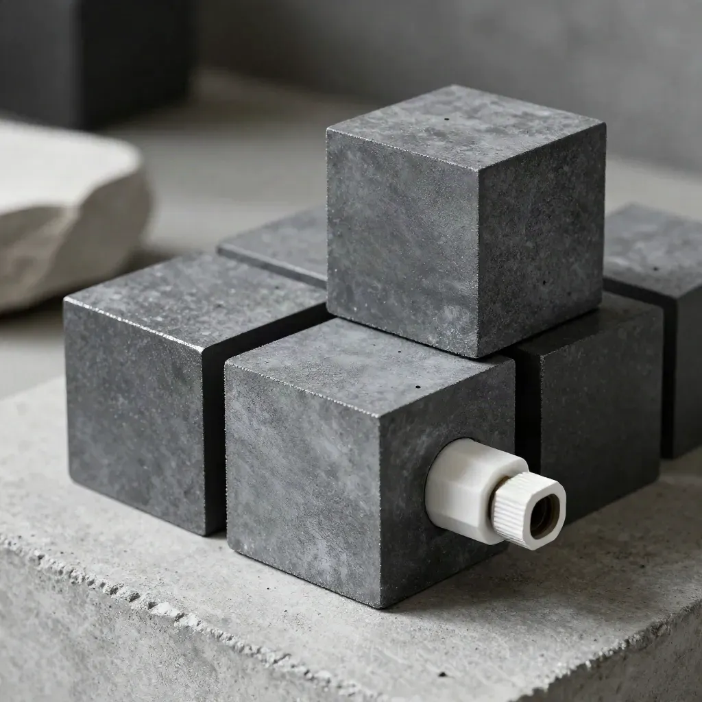 Graphite modular blocks joined by a white connector on concrete, lit by hard side light.