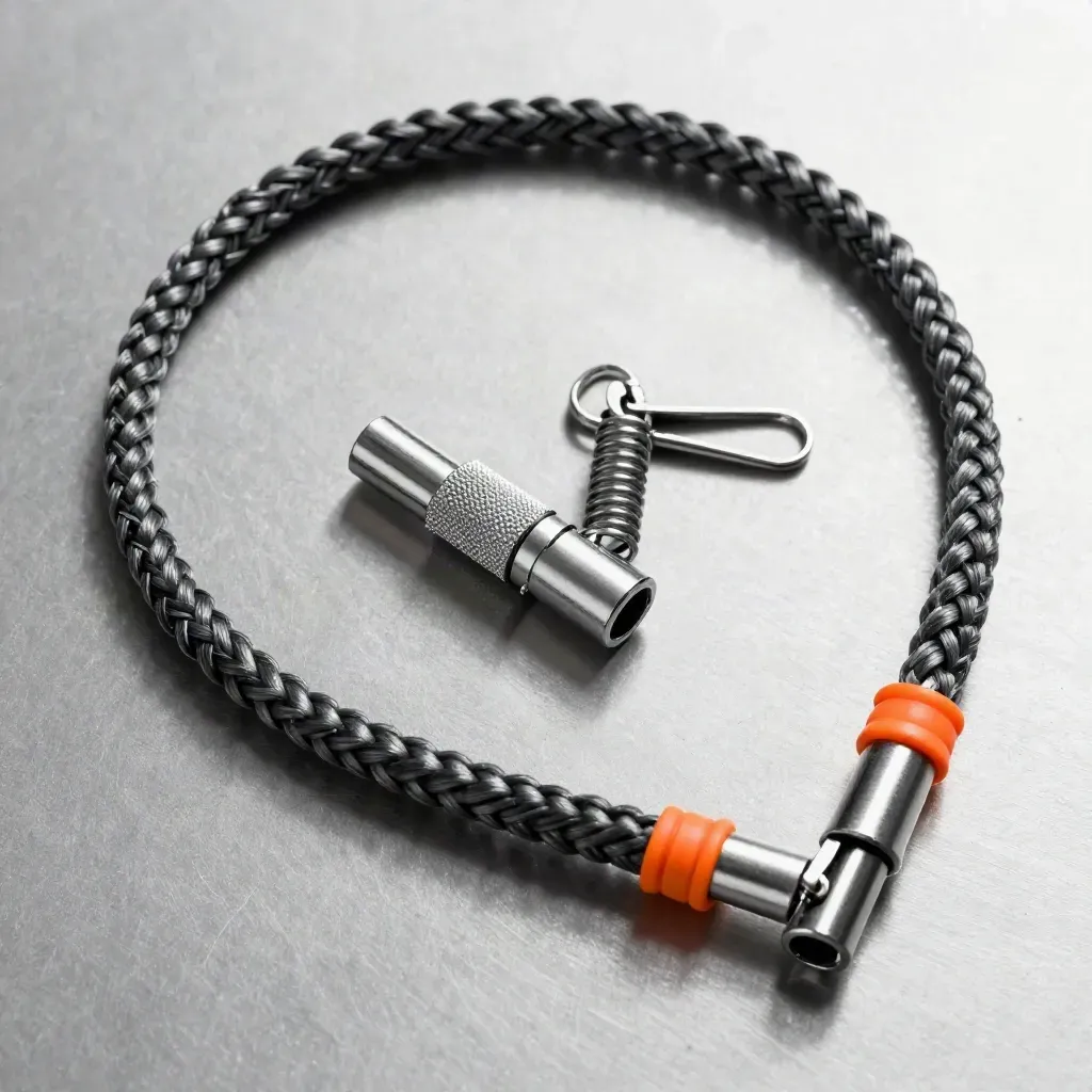 Overhead macro of a braided cable loop, polished coupler, and spring clip on pewter.