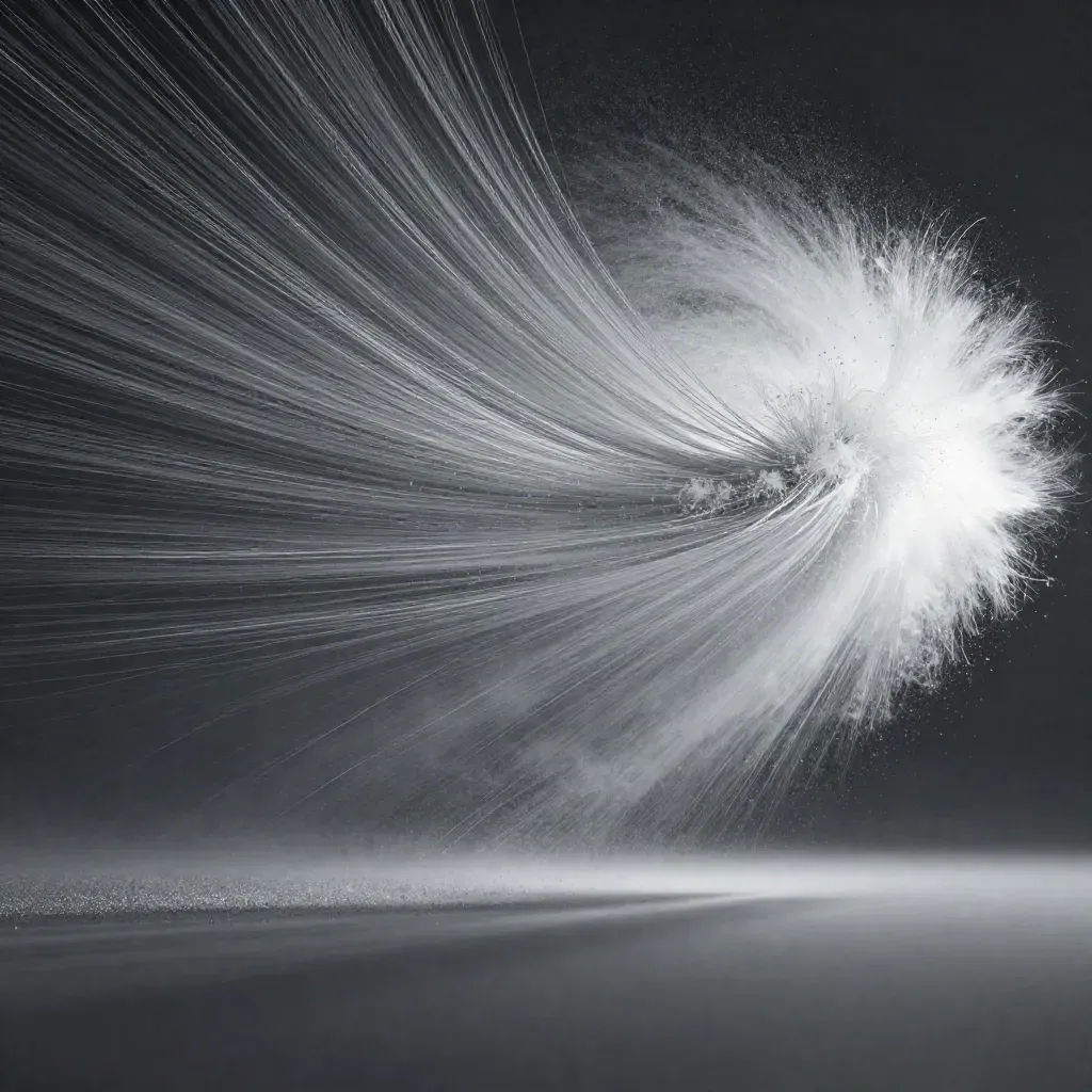 Silver particle filaments bloom in graphite space with calm copy space below.
