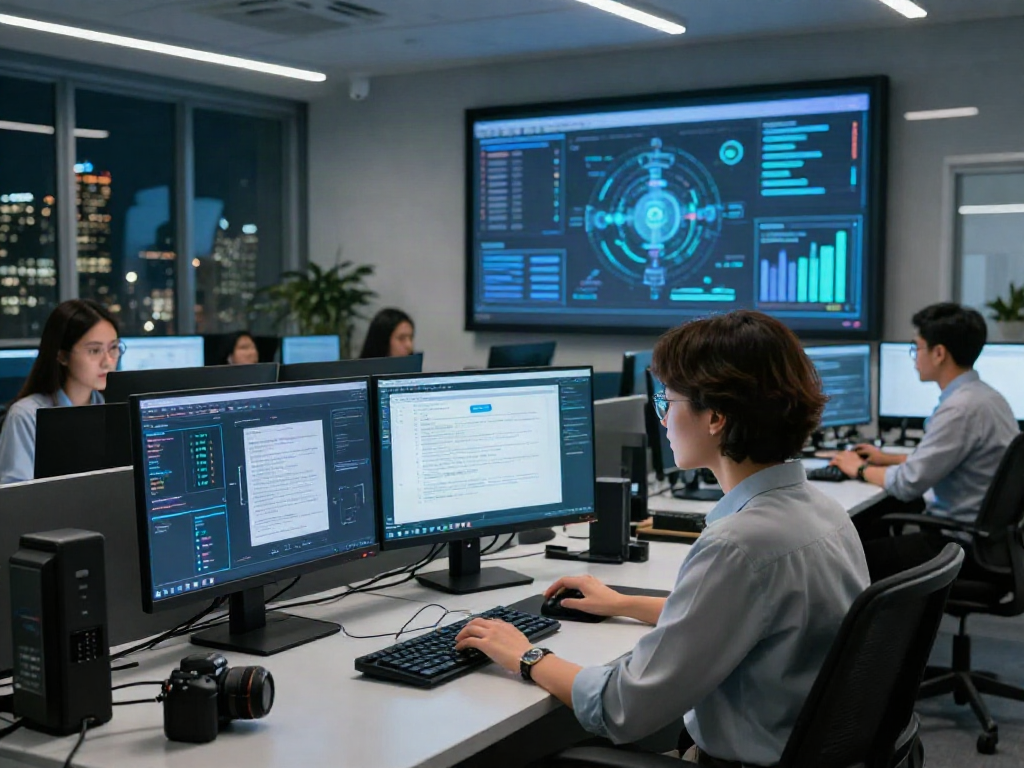 Team analyzing document fraud detection solution in a modern cybersecurity center.